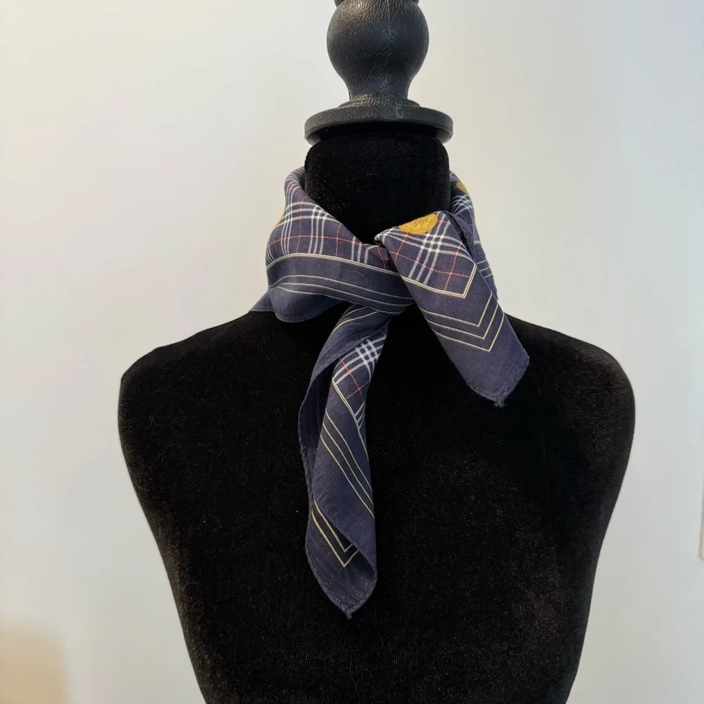 Burberrys Navy and Gold Plaid Handkerchief Bandana Cotton Scarf 20”